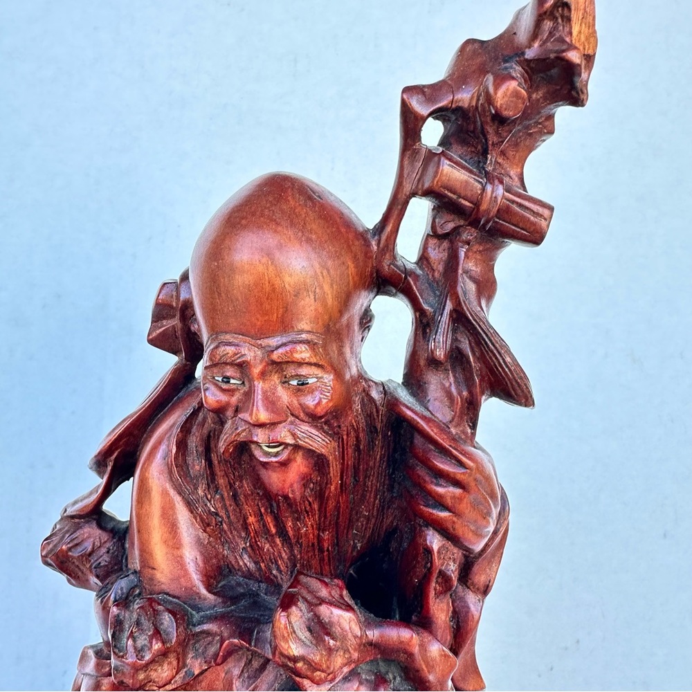 Vintage Chinese Carved wood statue of Shou Lao, the god of longevity 12” tall
